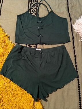 Two-Piece Dark Green Ribbed Loungewear Set